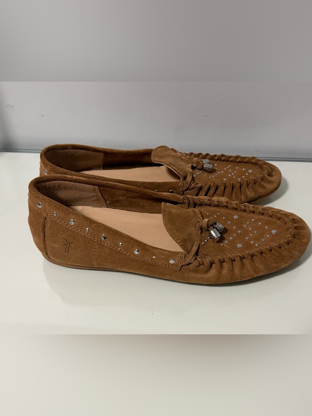 Frye Brown Suede Studded Tassel Moccasins - Picture 2 of 6